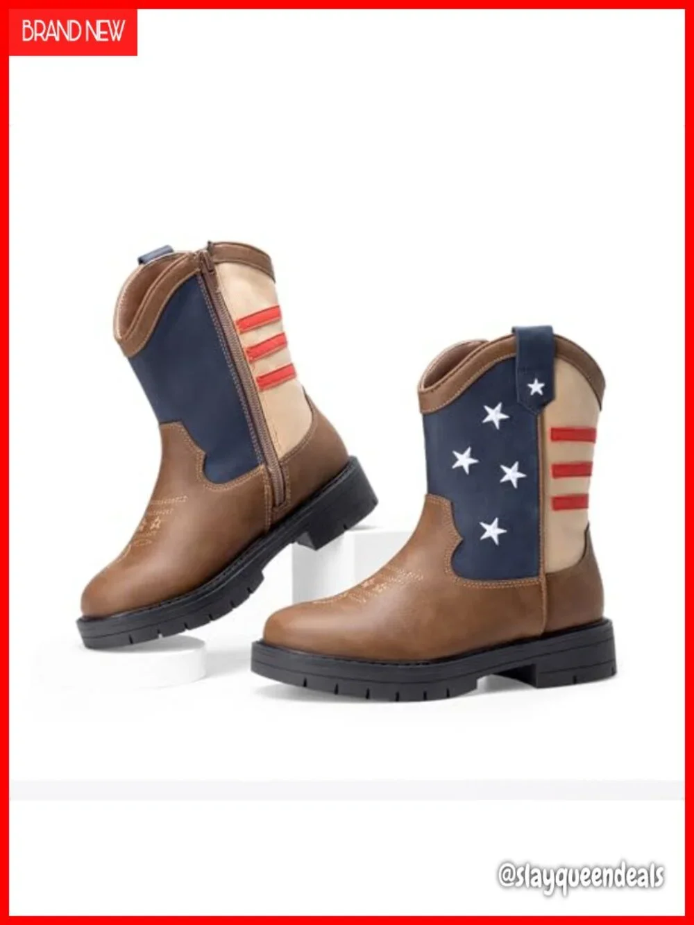 Boys Faux Leather Cowboy Boots Western Boots Zip Up Mid Calf Round Toe